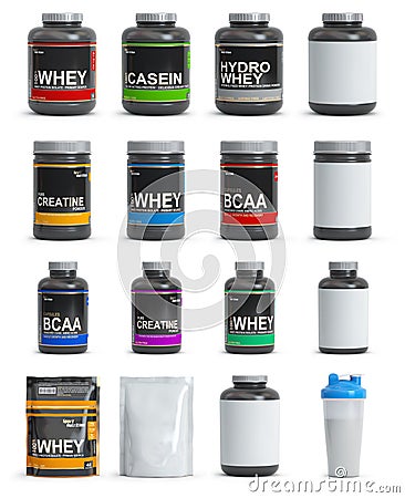 Sport nutrition containers. Set of templates of jars and packs of differnt types. Whey, bcaa and creatine Cartoon Illustration