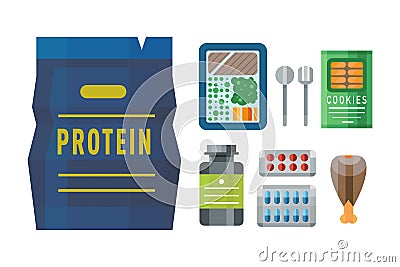 Sport nutrition icon in flat style detailed healthy food and fitness diet bodybuilding proteine power drink athletic Vector Illustration