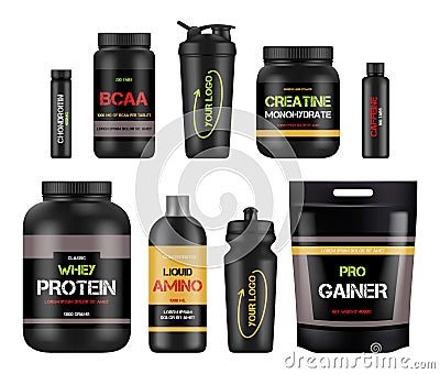 Sport nutrition labels. Protein and amino bcaa fitness vitamin design packages for healthy powerful products vector Vector Illustration