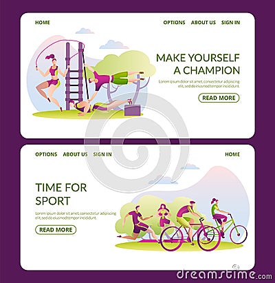 Sport outdoor, healthy man woman character lifestyle, landing banner. Make yourself champion, time for sport banner set Vector Illustration