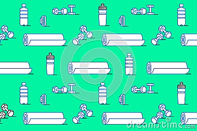 Sport pattern. Water bottle, dumbbells, bracelet, mat Vector Illustration