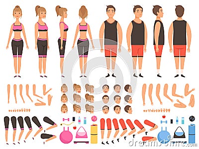 Sport people animation. Fitness male and female workout mascots body parts vector creation kit Vector Illustration