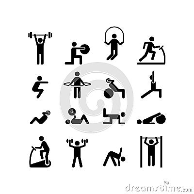Sport people icons. Gym lifting warm-up stretch symbols, fitness poses pictograms, sports exercises athlete vector Vector Illustration