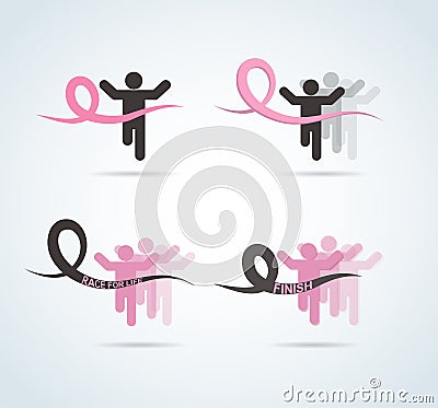 Sport people with Running Pink Ribbon, Breast Cancer Awareness at the fish line Vector Illustration