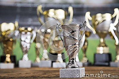 Sport podium, Cups of winners award Stock Photo