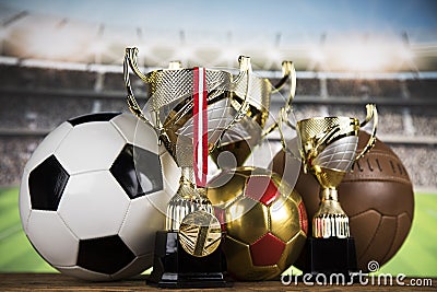 Sport podium, Cups of winners award Stock Photo
