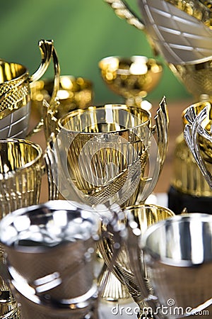 Sport podium, Cups of winners award Stock Photo