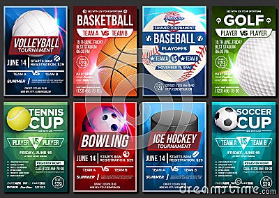 Sport Poster Set Vector. Basketball, Tennis, Soccer, Football, Golf, Baseball, Ice Hockey, Bowling. Vertical Design For Vector Illustration