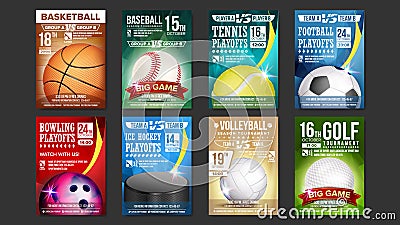 Sport Posters Set Vector. Golf, Baseball, Ice Hockey, Bowling, Basketball, Tennis, Soccer. Design For Sport Bar Vector Illustration