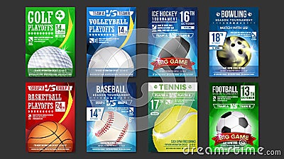 Sport Posters Set Vector. Golf, Baseball, Ice Hockey, Bowling, Basketball, Tennis, Soccer, Football. Event Announcement Vector Illustration