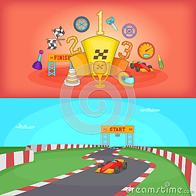 Sport race banner set horizontal, cartoon style Vector Illustration