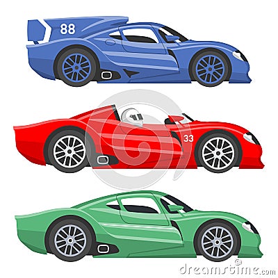 Sport race car vector speed automobile and offroad rally car colorful fast motor racing auto driver transport motorsport Vector Illustration