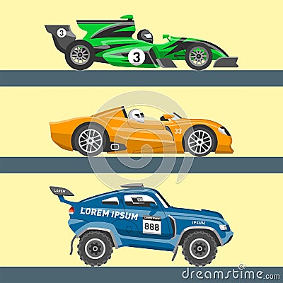 Sport race car vector speed automobile and offroad rally car colorful fast motor racing auto driver transport motorsport Vector Illustration