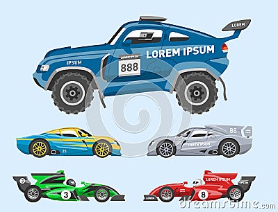 Sport race car vector speed automobile and offroad rally car colorful fast motor racing auto driver transport motorsport Vector Illustration