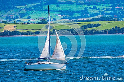Sport sailing ship sailing through bay Stock Photo