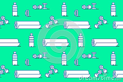 Sport seamless pattern. Bottle, dumbbells, bracelet, mat Vector Illustration