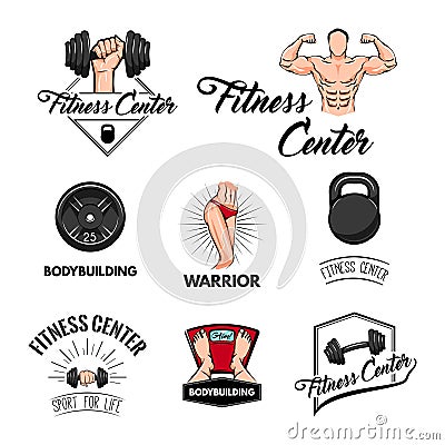 Sport set. Bodybuilder, barbbell, dumbbell, scales. Gym set. Fitness elements. Vector. Vector Illustration