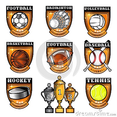 Sport set equipments ball, shuttlecock, puck in center of shield with name of game. Sport logo isolated on white Vector Illustration