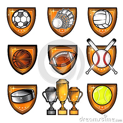 Sport set equipments ball, shuttlecock, puck in center of shield. Sport logo isolated on white Vector Illustration