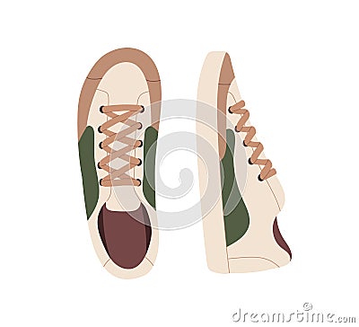Sport shoes pair. Fashion modern casual sneakers top and side view. Comfy footwear. Comfortable trainers, foot wearing Vector Illustration