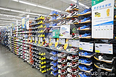 Sport shoes sell in the shop , Sport shoes area in Decathlon store Editorial Stock Photo