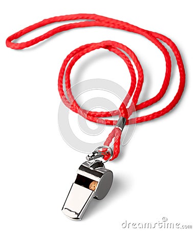 Sports whistle with a lace. It is isolated on a Stock Photo