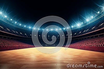 Sport stadium with grandstands full of fans, shining night lights and wooden deck. Digital 3D illustration of sport stadium for Cartoon Illustration