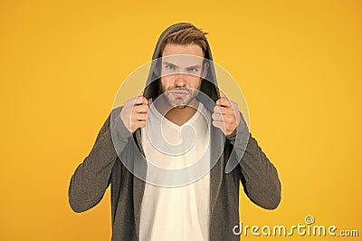 Sport style. Active lifestyle. Man handsome well groomed confident macho on yellow background. Feeling confident Stock Photo