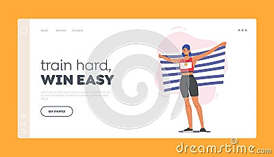 Sport Success Celebration Landing Page Template. Happy Woman Proud of Win in Competition. Character Celebrate Victory Vector Illustration