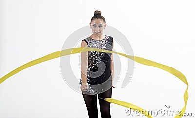 Sport success and health. Fitness and dieting of girl gymnast. Woman with ribbon for rhythmic gymnastic. Workout sports Stock Photo