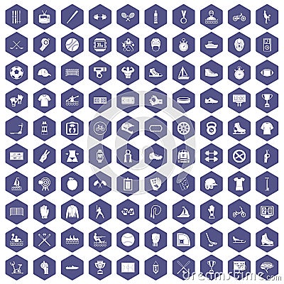 100 sport team icons hexagon purple Vector Illustration