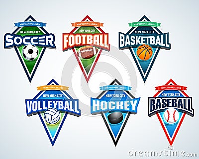 Sport team logo emblems, badge, t-shirt apparel design templates set. Soccer, American football, Basketball, Volleyball, Baseball Vector Illustration