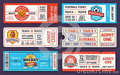 Sport tickets. Baseball, american football, soccer, hockey and basketball game ticket templates. Match invite coupons Vector Illustration