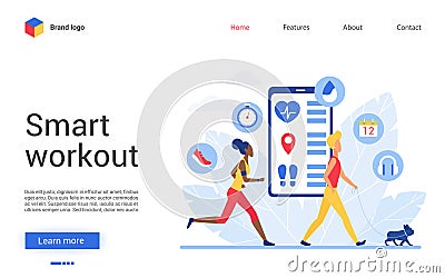 Sport training app for people vector illustration, cartoon flat tiny sportsman character do sport exercises, run walk Vector Illustration