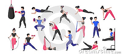 Sport training. Cartoon male and female characters doing sport exercises and healthy activities. Vector fitness and Vector Illustration