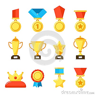 Sport trophy award, gold championship goblet and awarding reward cup. Golden awards at rewards ceremony vector icons set Vector Illustration