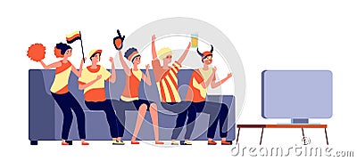 Sport tv fans. People soccer watching. Friends celebrates win match, and cheering. Football supporters with flag beer Vector Illustration