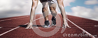 Sport. Unknown young runner on the start line. Horizontal Stock Photo