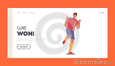 Sport Victory Concept for Landing Page Template. Happy Man Soccer Player Celebrate Win After Goal Show Winner Gesture Vector Illustration
