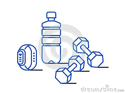 Sport water bottle, dumbbells and fitness bracelet Vector Illustration