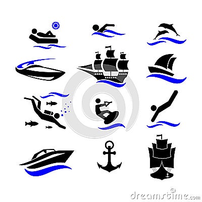 Sport. Water sports. Active holiday by the sea. The icons set. Vector Illustration