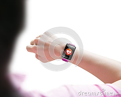 Sport woman looking at health sensor smart watch hand wearing Stock Photo