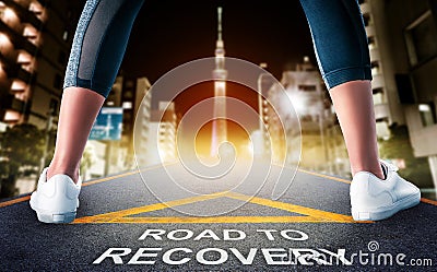 woman ready to go on Road to recovery concept for business and health concept with night Tokyo city background Stock Photo