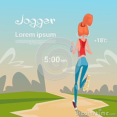 Sport Woman Run With Fitness Tracker On Wrist Girl Runner Jogging In Park Outdoors Training Vector Illustration