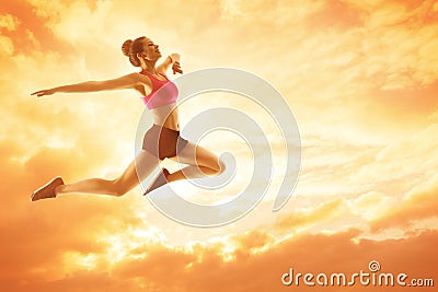 Sport Woman Running, Athlete Girl Jump, Happy Fitness Concept Stock Photo