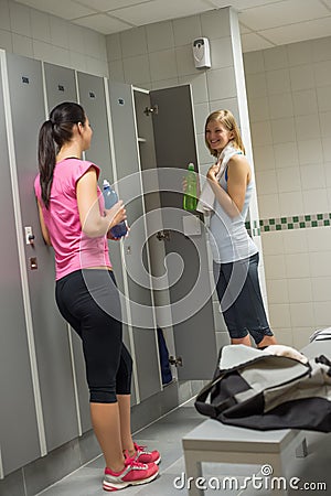 Sport women talking in changing room Stock Photo