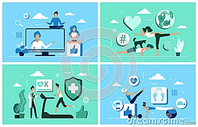 Sport workout and yoga at home set, active people training with virtual fitness trainer Vector Illustration