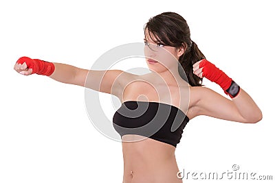 Sport young woman, gloves, fitness girl over white Stock Photo