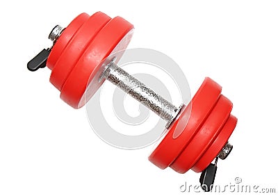 A sporting equipment - single red dumbbells. Stock Photo