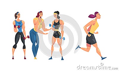 Sportive girls exercising with dumbbells and running cartoon vector illustration Vector Illustration